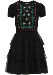 RED Valentino Redvalentino Woman Tiered Embroidered Pointelle-knit Ribbed Wool And Point D'esprit Mini Dress Black