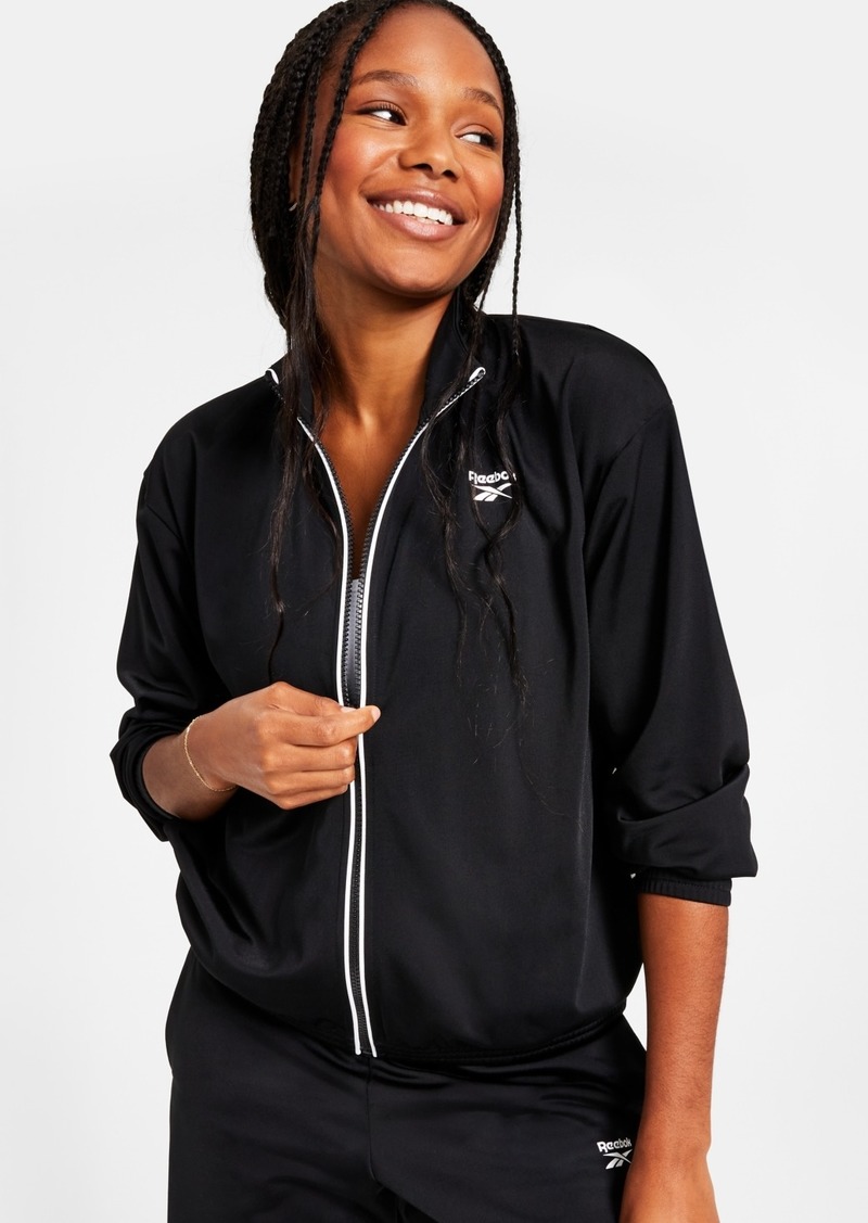 Reebok Women's Logo Tricot Long-Sleeve Track Jacket, A Macy's Exclusive - Black