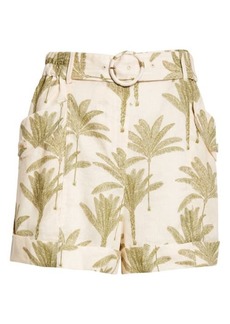 Reiss Cali Palm Print Belted Linen Shorts