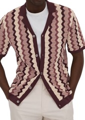 Reiss Summer Pointelle Zigzag Stripe Knit Button-Up Shirt