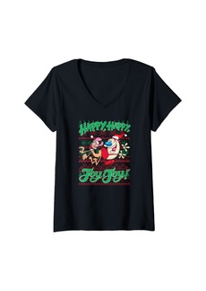 Womens Ren and Stimpy Christmas Happy Joy Ugly Sweater V-Neck T-Shirt