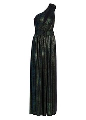 Retrofête Andrea One-Shoulder Metallic Pleated Column Dress