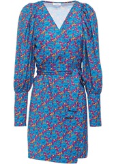 Rhode Woman Frankie Gathered Floral-print Satin Mini Wrap Dress Bright Blue