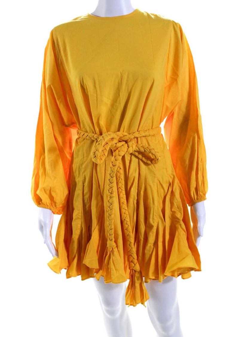 Rhode Womens Long Sleeve Crew Neck Belted Mini Swing Dress Yellow