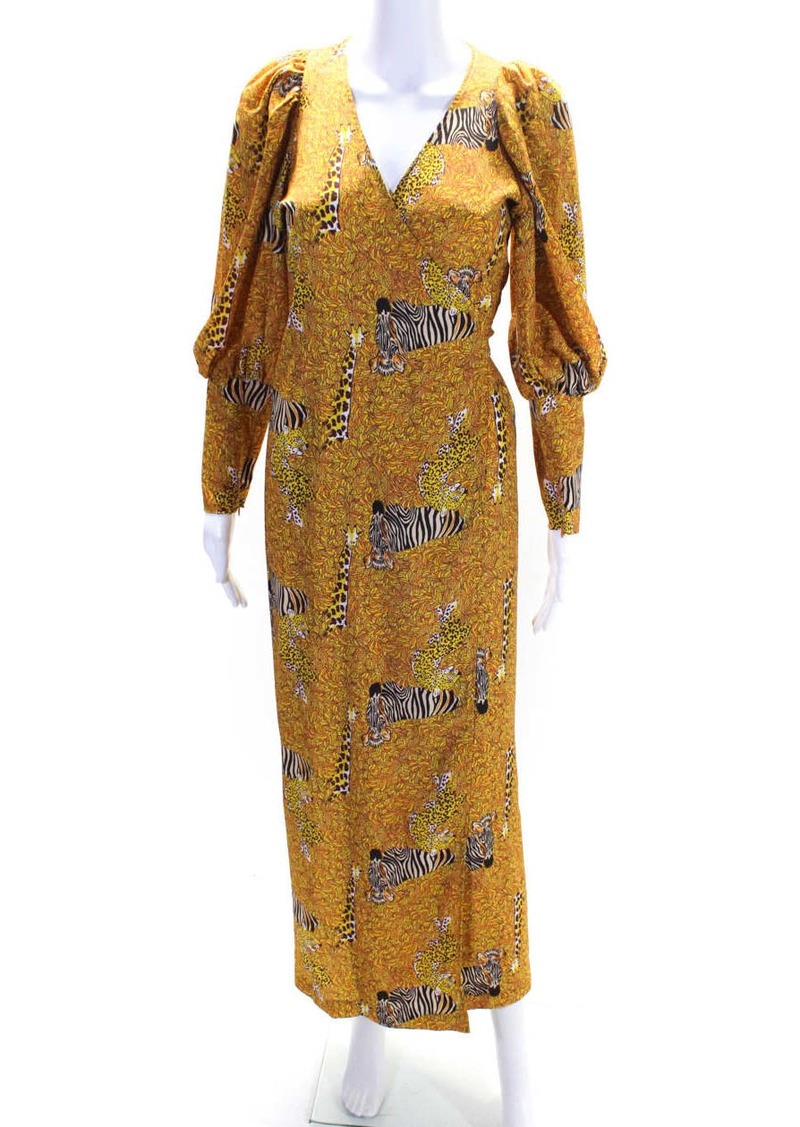 Rhode Womens Yellow Animal Print V-Neck Long Sleeve Wrap Dress