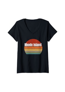 Womens Rhode Island Retro Sunrise Design V-Neck T-Shirt