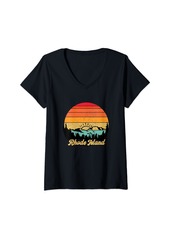Womens Rhode Island Retro Vintage State Sunset Distressed V-Neck T-Shirt