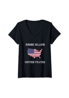 Womens United States Distressed Flag Rhode Island Pride V-Neck T-Shirt