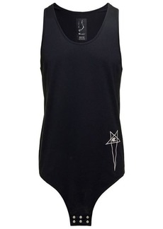 Rick Owens 'Basketball Tank' Long Black Tank Top with Pentagram Embroidery and a Six Snap Closure Hanging in Cotton Man