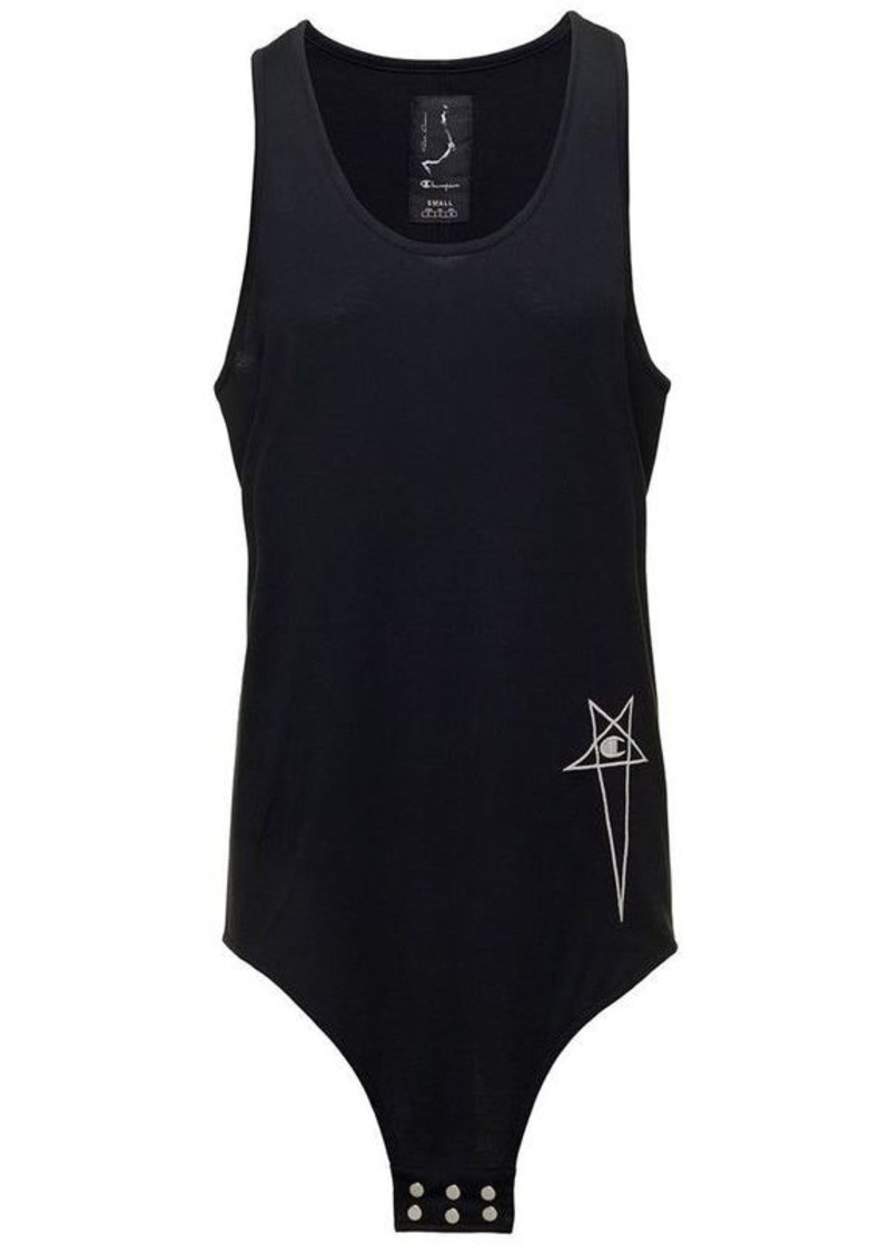 Rick Owens 'Basketball Tank' Long Black Tank Top with Pentagram Embroidery and a Six Snap Closure Hanging in Cotton Woman