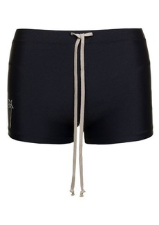 Rick Owens Black Tight Swim Trunks with Drawstring and Pentagram Patch in Recycled Nylon Man