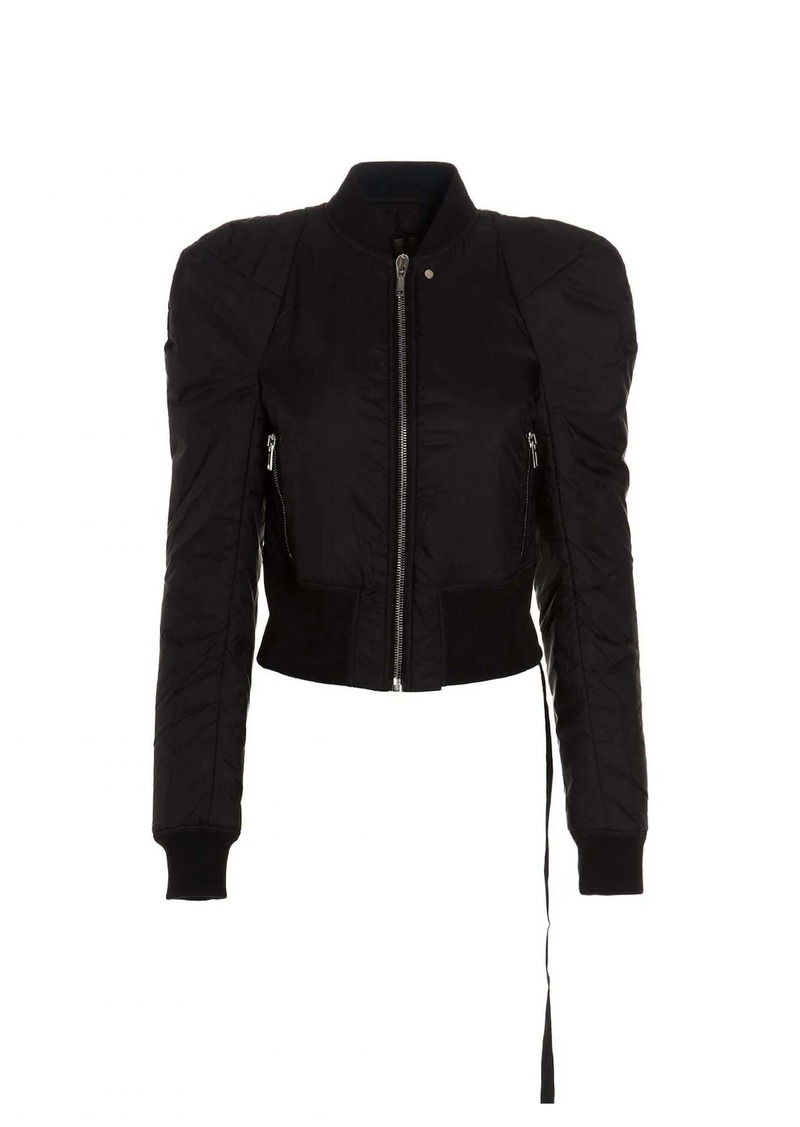 Rick Owens Cropped Zip Padded Bomber Jacket With Puff Shoulder And Side Zip In Black
