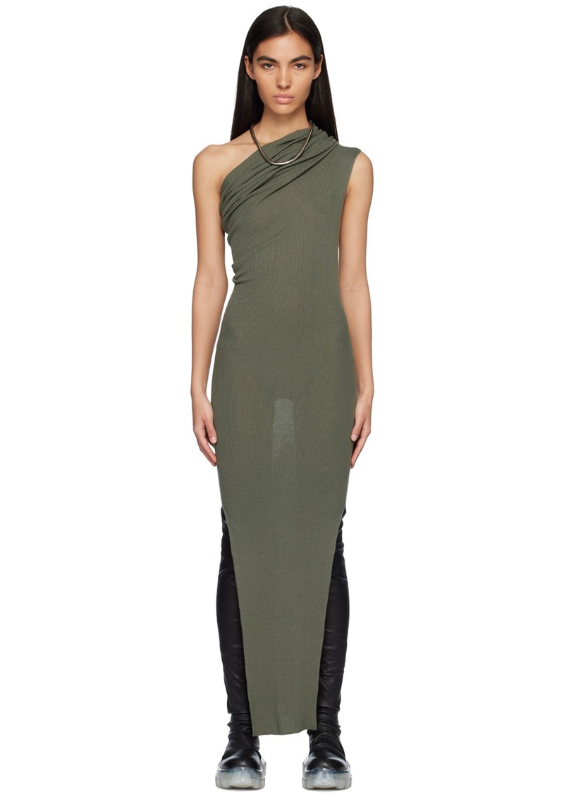 Rick Owens Green Ribbed One Shoulder Maxi Dress