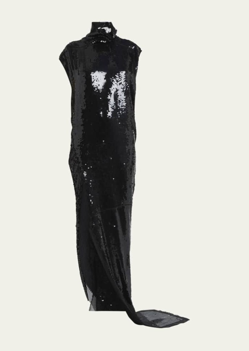Rick Owens Sequined Mock-Neck Short-Sleeve Slit Gown