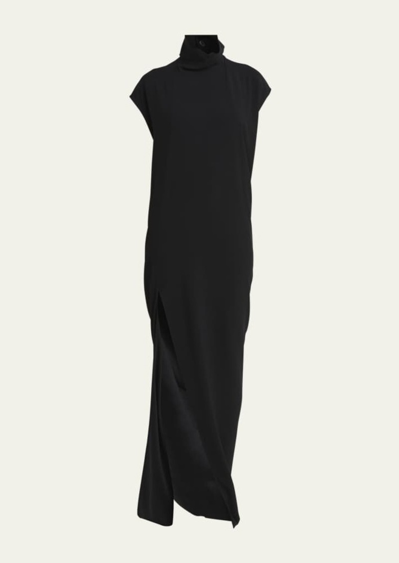 Rick Owens Short-Sleeve Mock-Neck Slit Gown with Train