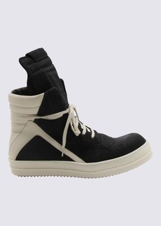 RICK OWENS WHITE AND BLACK LEATHER HIGH TOP SNEAKERS
