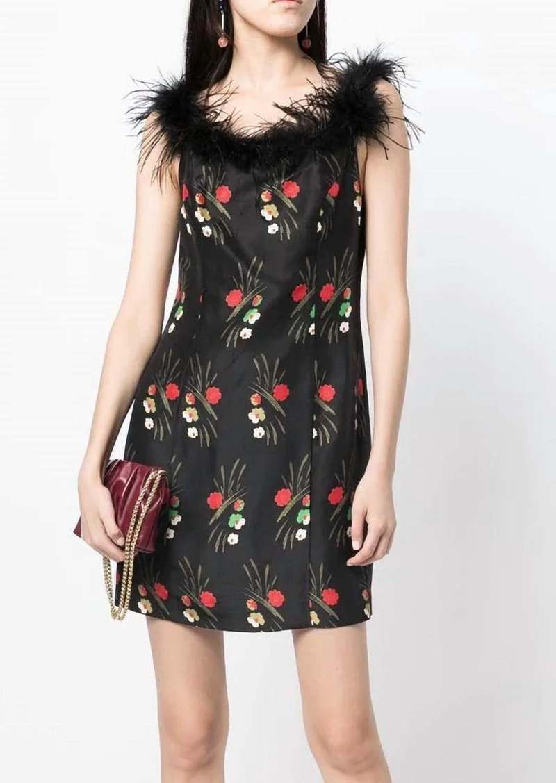 RIXO Floral-Print Feather-Trim Mini Dress In Black