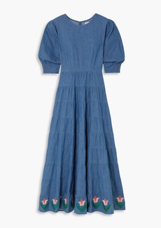 RIXO - Kristen tiered embroidered cotton-chambray maxi dress - Blue - UK 6