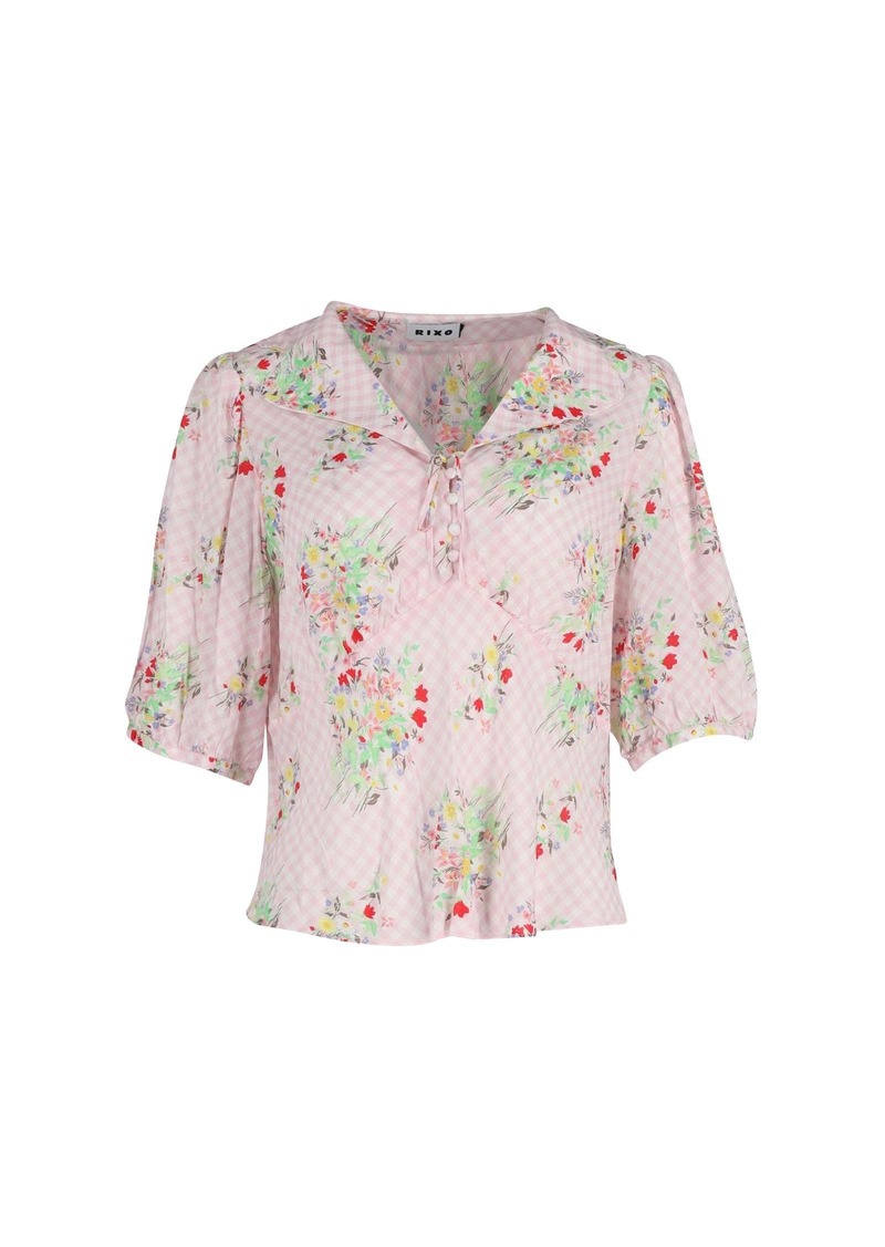 Rixo Checkered Floral Top in Pink Silk