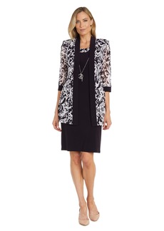 R&M Richards Womens Formal Printed Jacket Dress with Detachable Necklace Eggplant/White