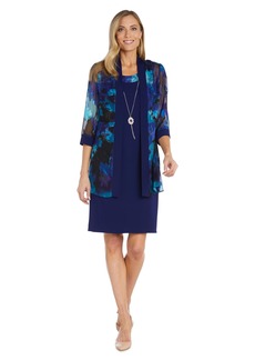 R&M Richards Women's 2PC Printed Chiffon Jacket W/Solid Tank Dress and Detachable Necklace