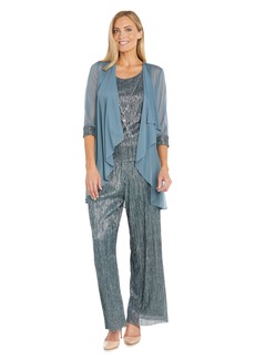 R&M Richards Women's 3-PC Crinkle Metallic Pants & Top W/Detachable Necklace and Sheer Jacket