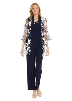 R&M Richards Women's 3PC Floral Threadwork Duster Pantsuit Tank Top and Matching Jacket W/Sheet Bell Sleeves Navy/White