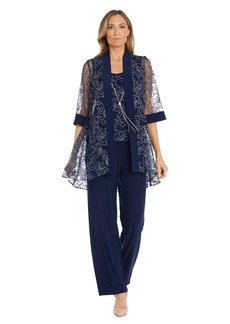 R&M Richards Women's 3PC Glitter Embroidered Duster Jacket Tank Top W/Attached Necklace and Pants Set Navy/Silver