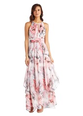 R&M Richards Women's Long Halter Sheer Printed Chiffon Floral Maxi Dress