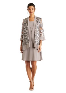 R&M Richards Women's Petite Sequined Jacket Dress with Attached Necklace