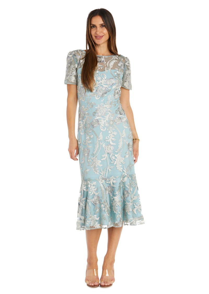 R&M Richards Women's Formal Embroidery Floral Cocktail Midi Dress W/Short Sleeves