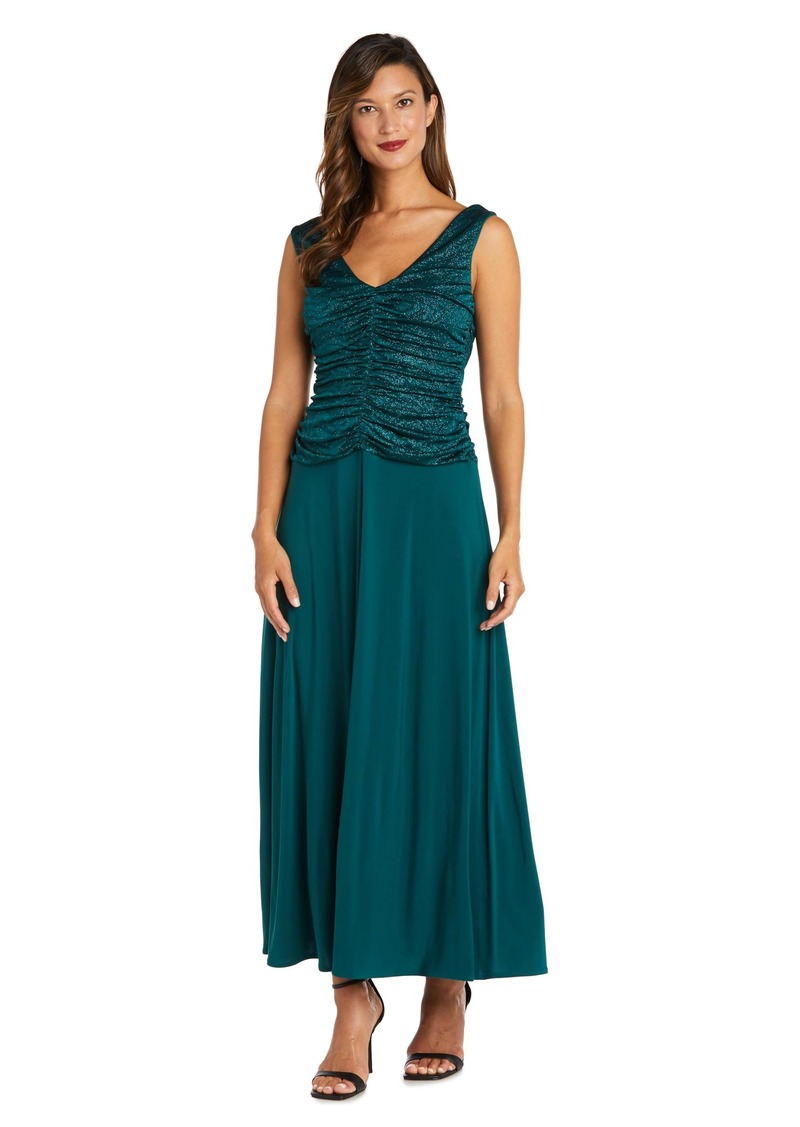 R&M Richards Women's Petite Long Evening Gown W/Glitter Knit Jacquard Ruched Bodice
