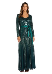 R&M Richards Women's Long Sleeve Sequined Evening Gown with Sheer Inserts