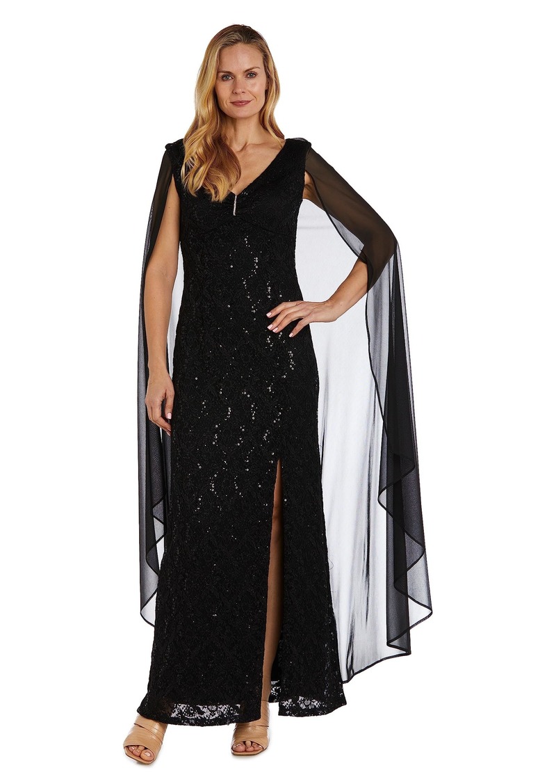 R&M Richards Women's Long Sequined Lace Gown W/Capelet & Side Slit