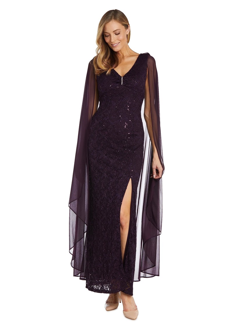 R&M Richards Women's Long Sequined Lace Gown W/Capelet & Side Slit