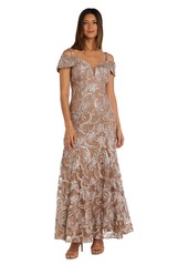 R&M Richards Women's Long Embroidered Soutache Notch Front Godet Gown W/Cold Shoulder Sleeves