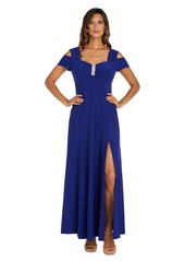 R&M Richards Women's Long Evening Gown W/Cold Shoulder Thigh Slit & Diamante Detail