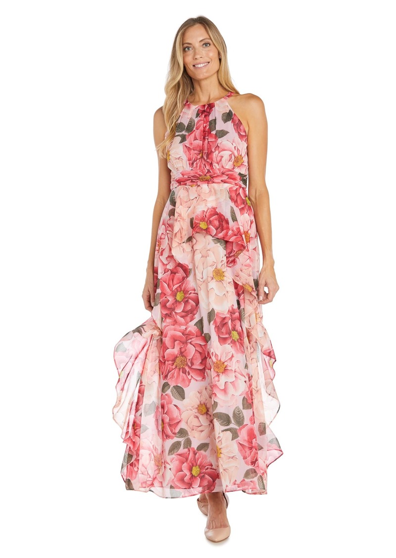 R&M Richards Women's Long Printed Floral Chiffon Halter Daytime Dress W/Inverted High Low Ruffle Peach/Coral