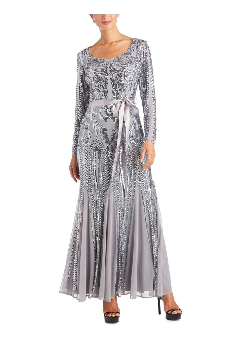 R&M Richards Women's Long Sleeve Sequined Evening Gown with Sheer Inserts