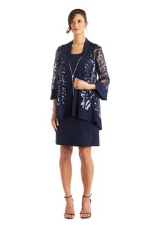 R&M Richards Women's Petite Sequined Jacket Dress with Attached Necklace