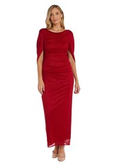 R&M Richards Women's Petite Long Glitter Cocktail Dress W/Drape Back RED