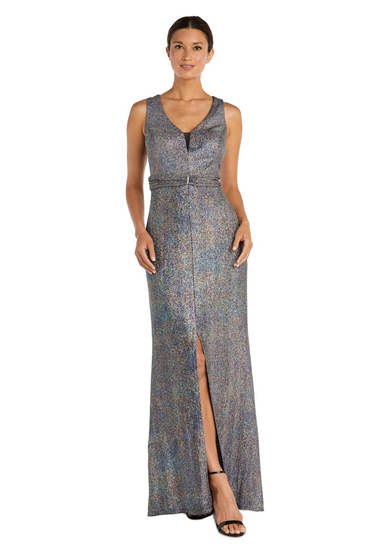 R&M Richards Women's Petite Long Rainbow Foil Dress W/V-Neck & Slit