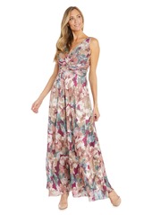R&M Richards Women's Long Sleeveless V-Neck Ruched Waist Metallic Floral Printed Dress