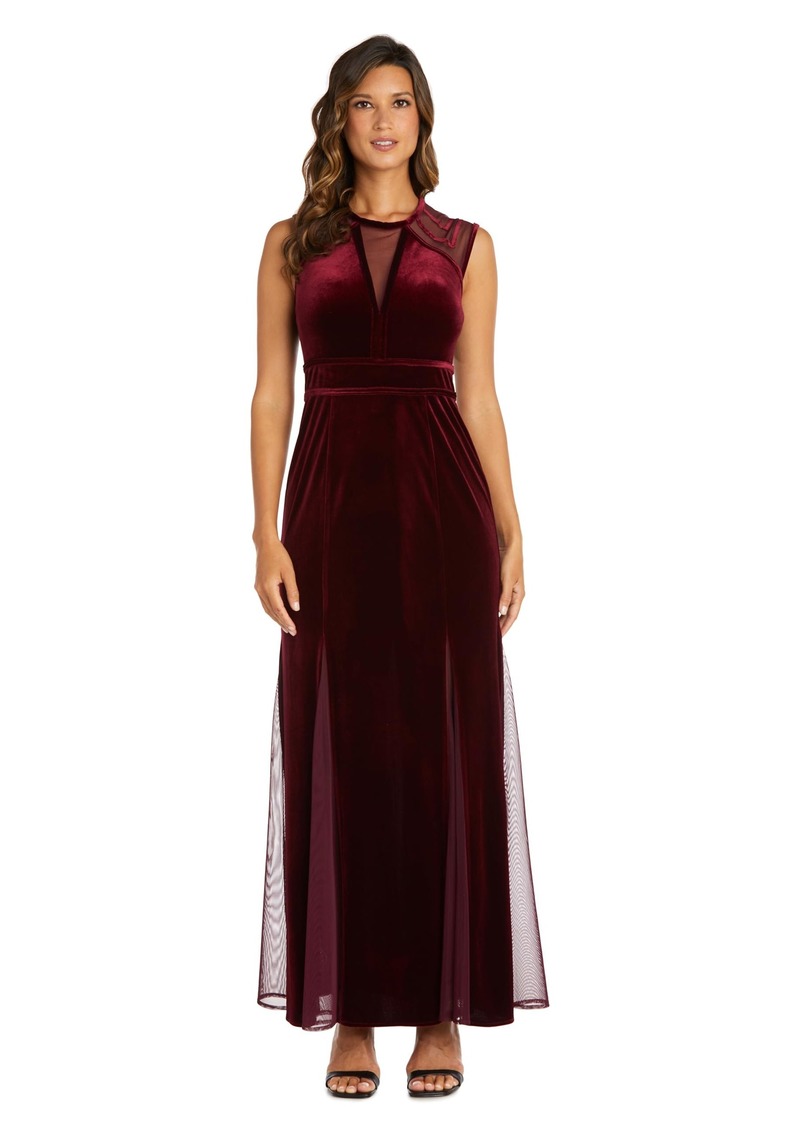 R&M Richards Women's Petite Long Stretch Velvet Formal Evening Dress W/Mesh Insets