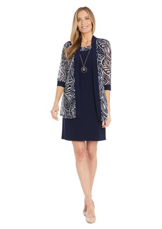 R&M Richards Women's Petite Swirl Printed Jacket Tank Dress W/Detachable Necklace