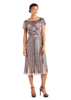 R&M Richards Women's Petite Tea Length Beaded Mesh Gown W/Sequins Embellishments