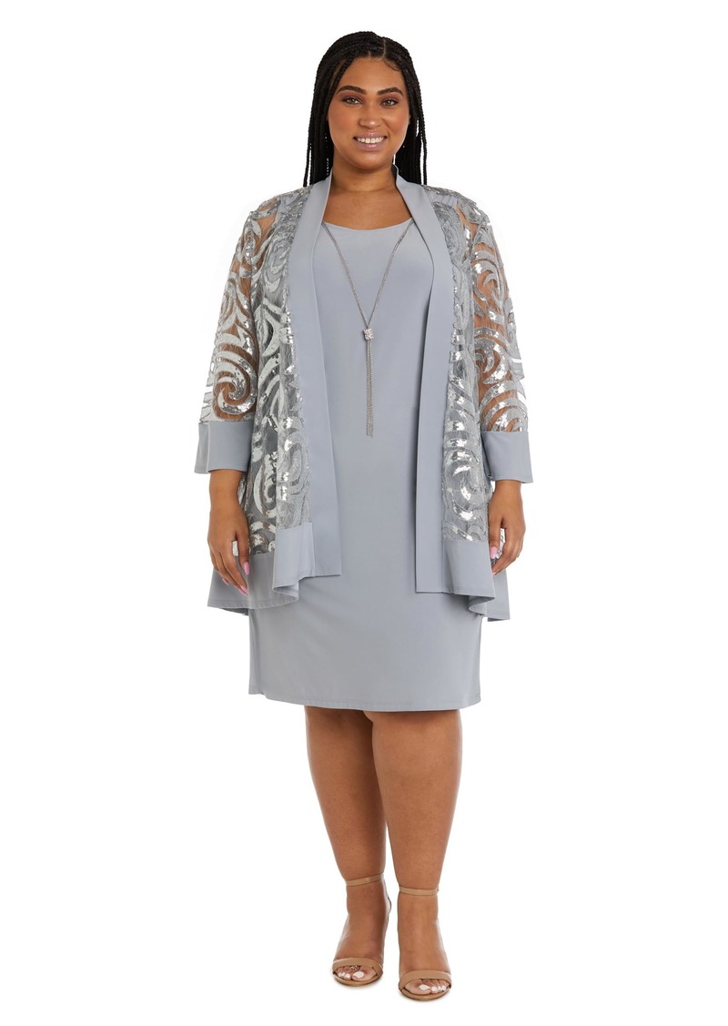 R&M Richards Women's Plus Size Sequined Jacket Dress with Attached Necklace