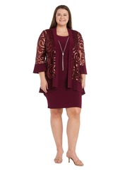 R&M Richards Women's Plus Size Sequined Jacket Dress with Attached Necklace