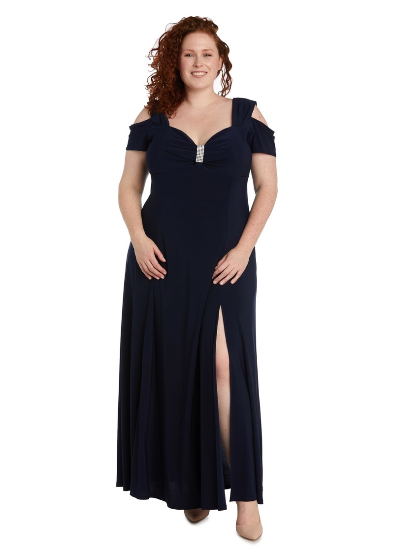 R&M Richards Women's Plus Size Old Shoulder Evening Gown with Thigh Slit and Diamante Detail