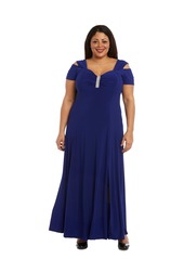 R&M Richards Women's Plus Size Old Shoulder Evening Gown with Thigh Slit and Diamante Detail